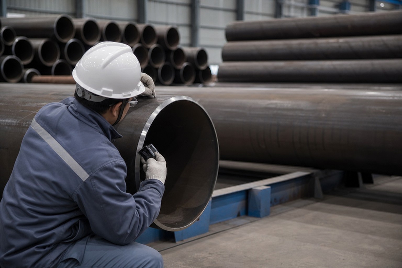 oil and gas pipeline steel quality inspection - technician checking line pipe surface