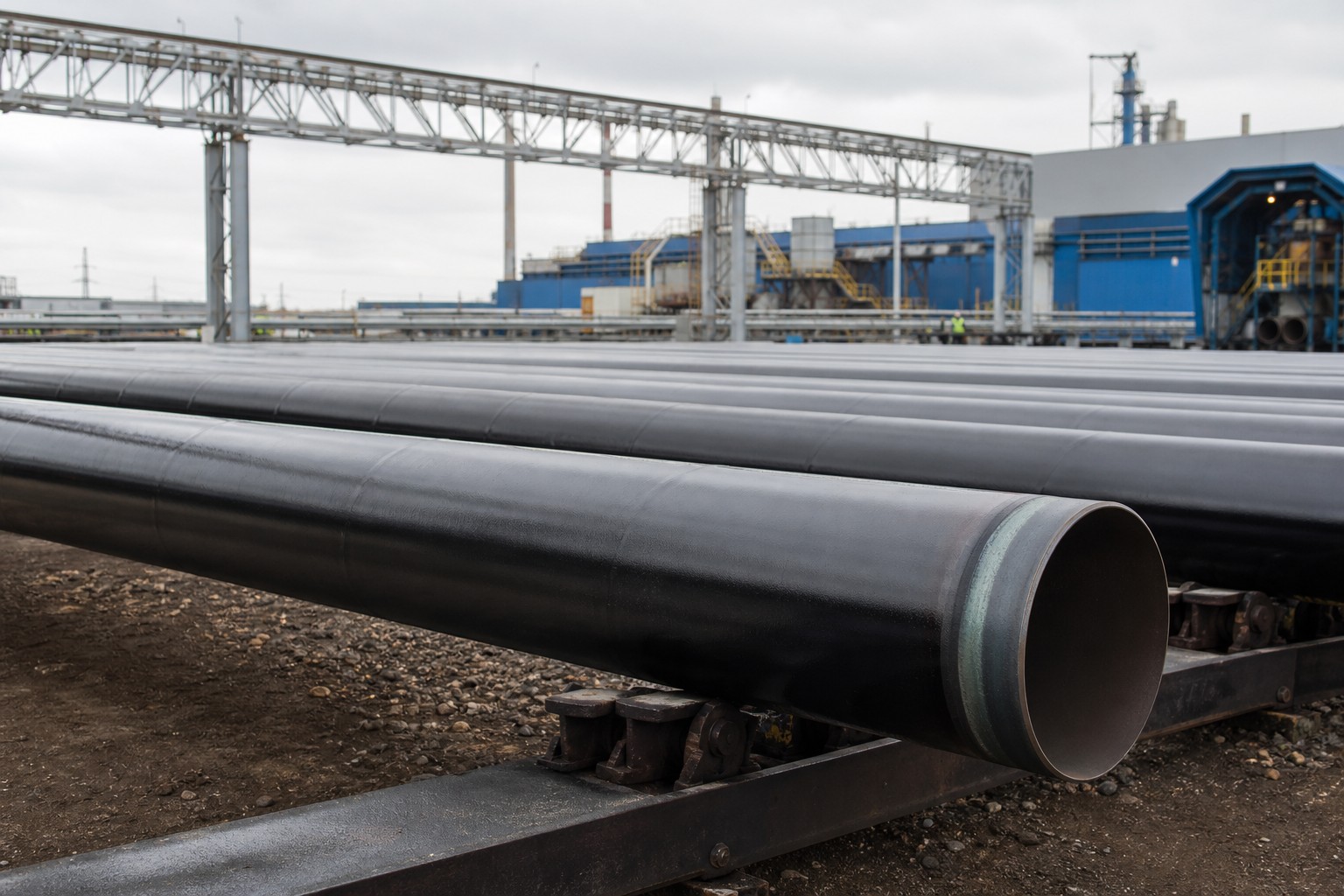 pipeline steel coating - coated line pipe stacked in a coating yard