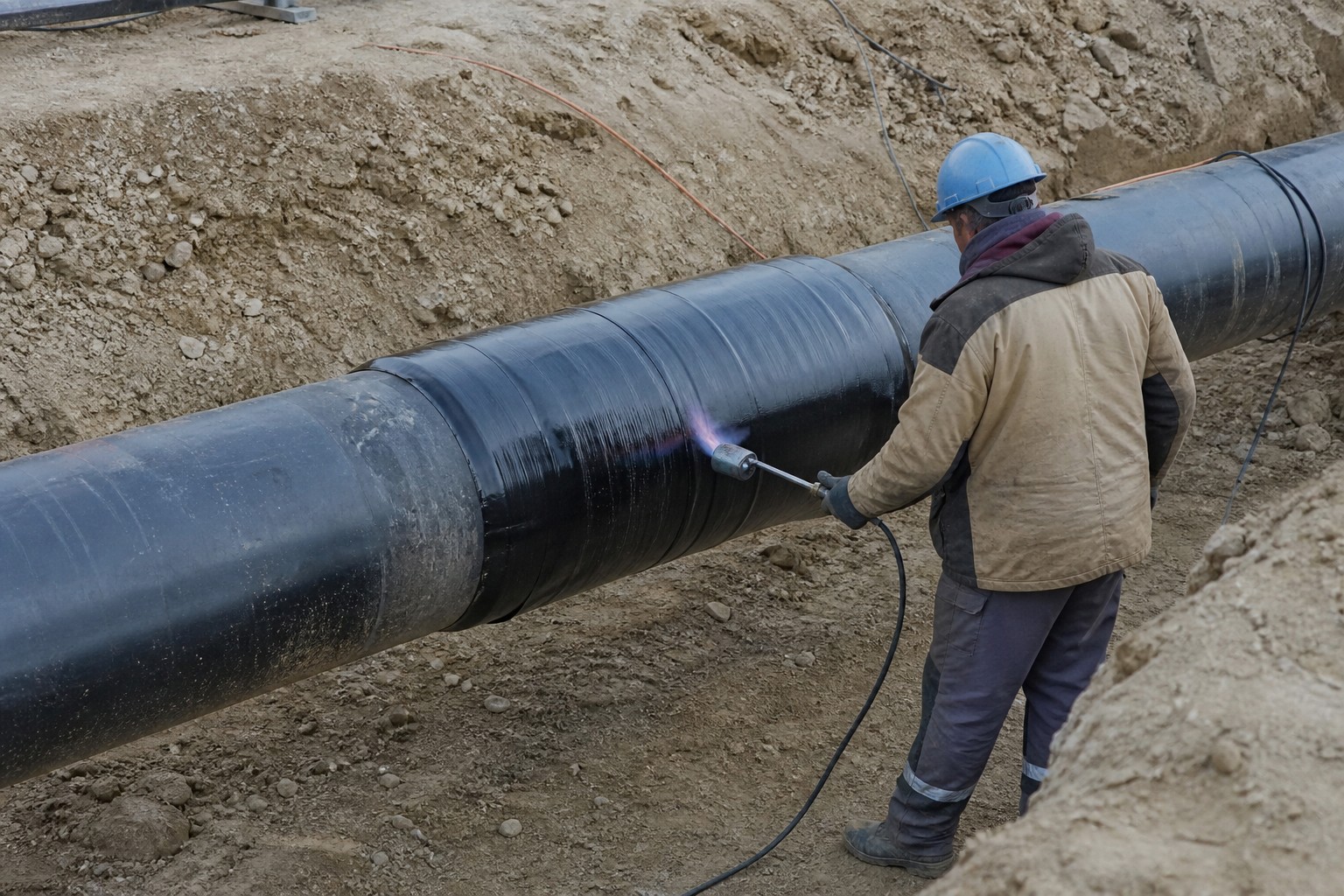 pipeline steel coating field joint - weld joint being coated on site