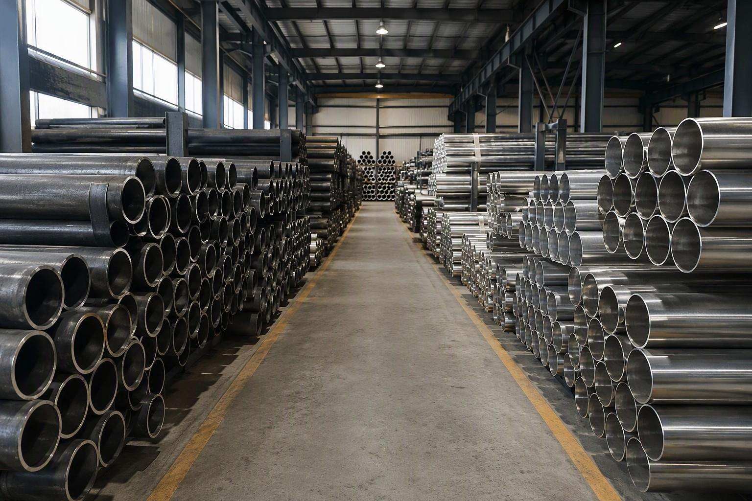 carbon steel vs stainless steel pipe - carbon steel and stainless steel pipes stacked in a steel warehouse