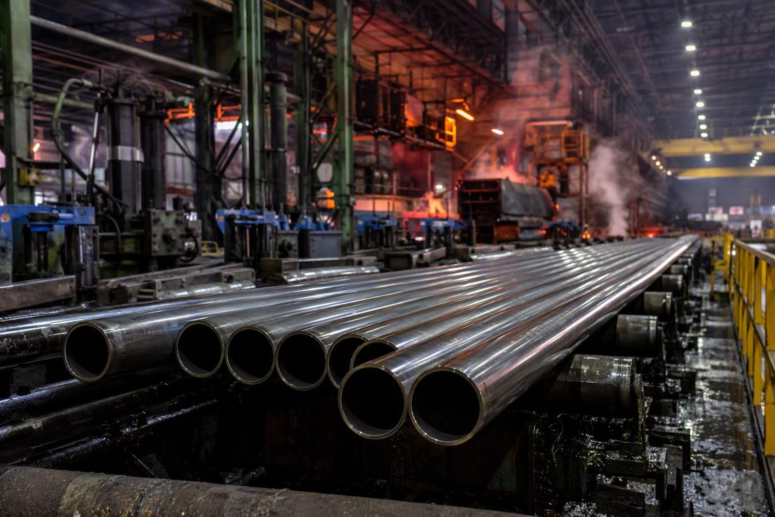 carbon steel vs stainless steel pipe manufacturing - seamless steel pipes running along a finishing line