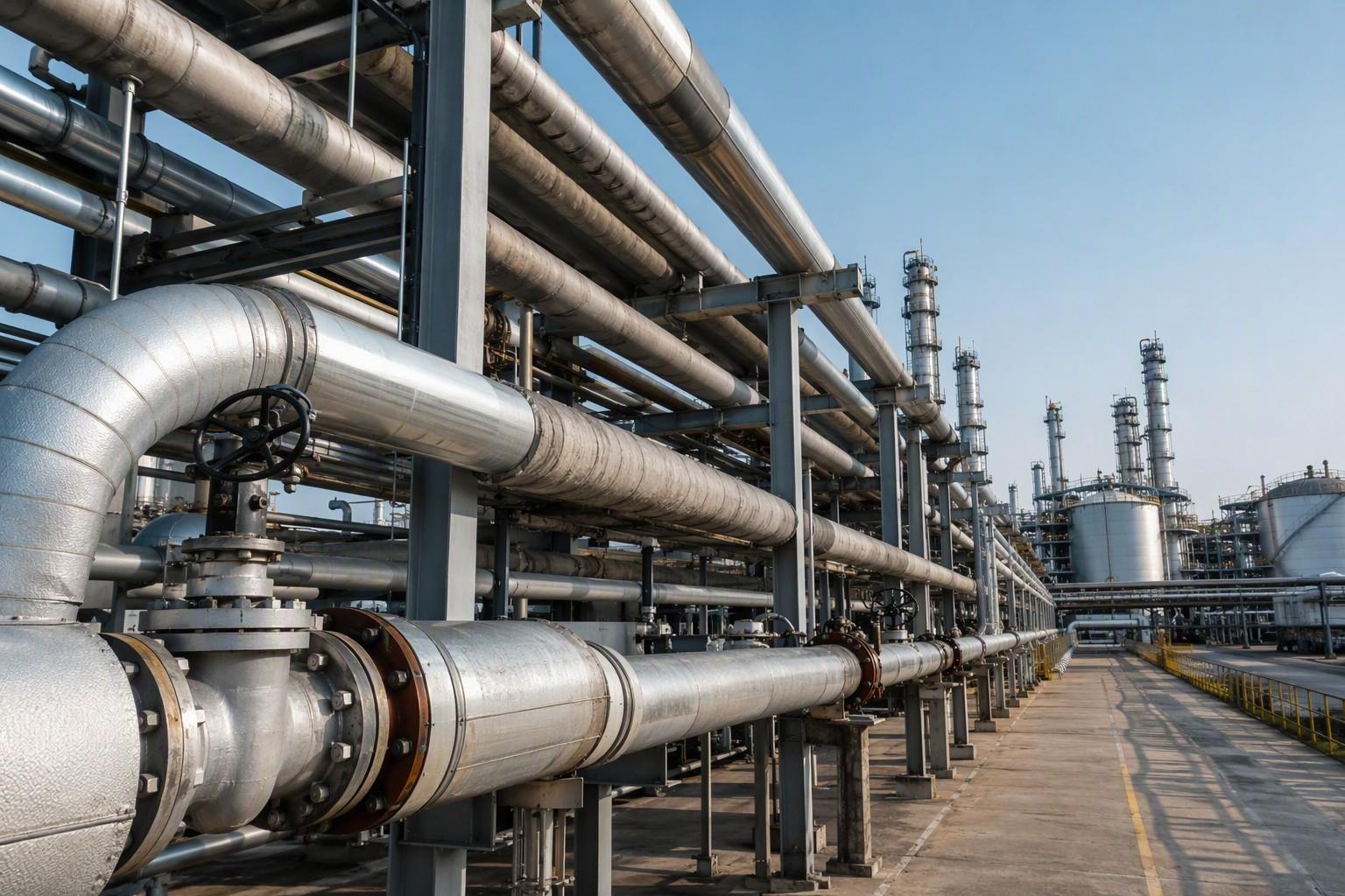 carbon steel vs stainless steel pipe applications - insulated steel piping system in a petrochemical plant