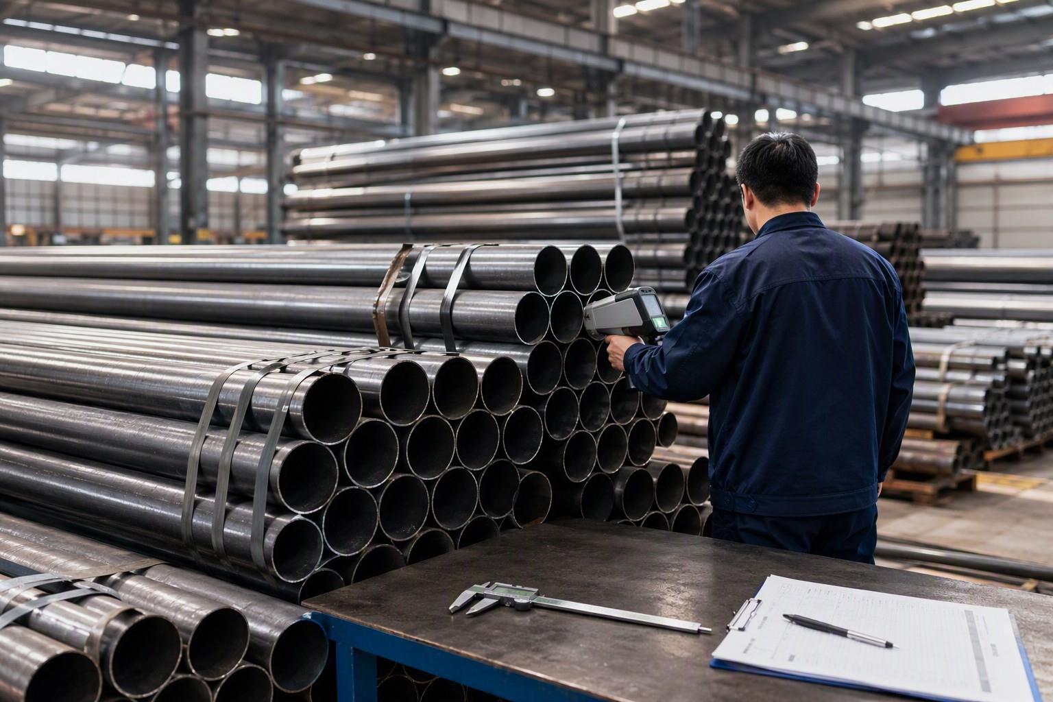 carbon steel vs stainless steel pipe quality inspection - technician verifying pipe material with a spectrometer