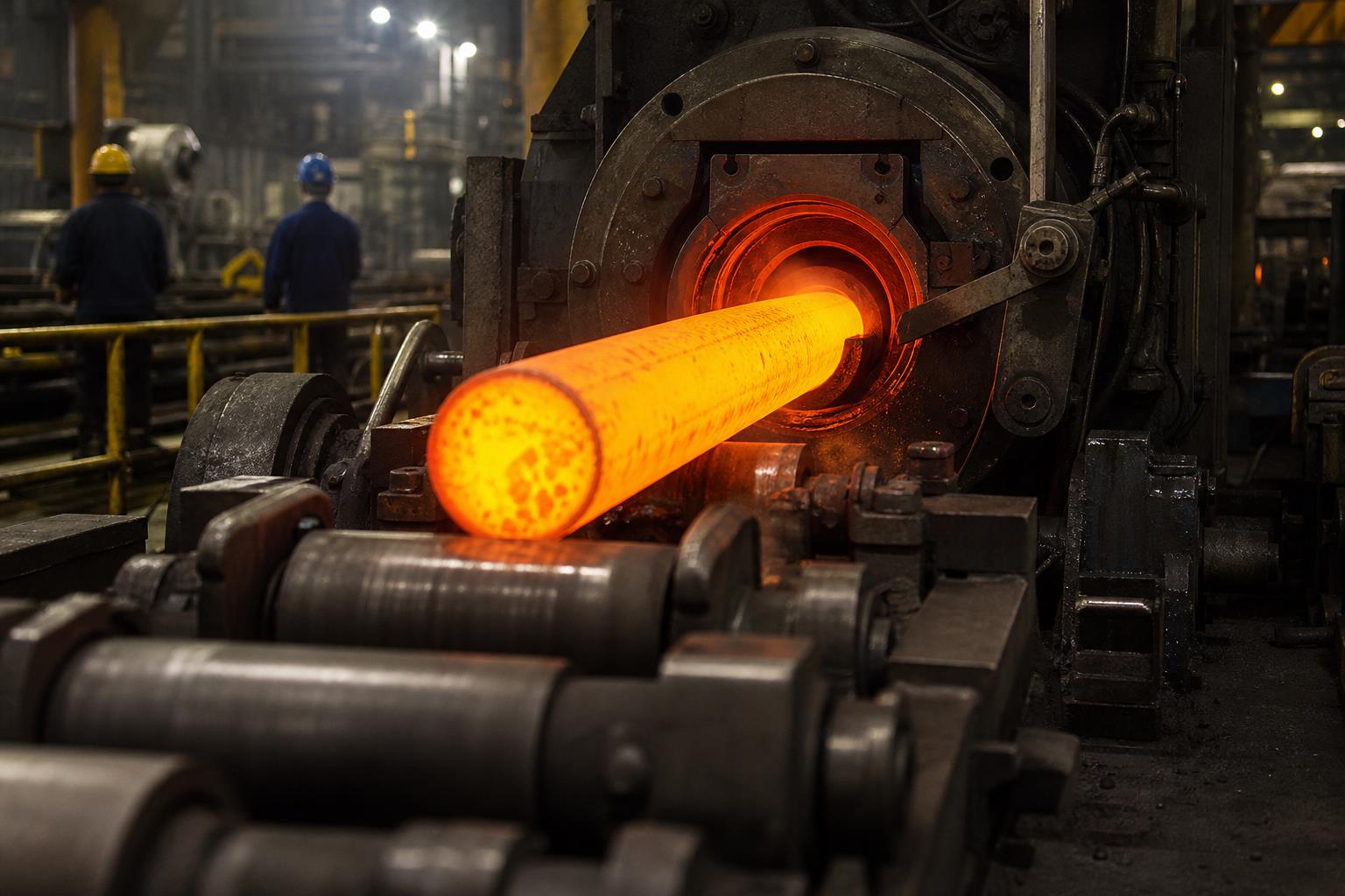 seamless steel pipe production - rotary piercing of a heated steel billet in a pipe mill