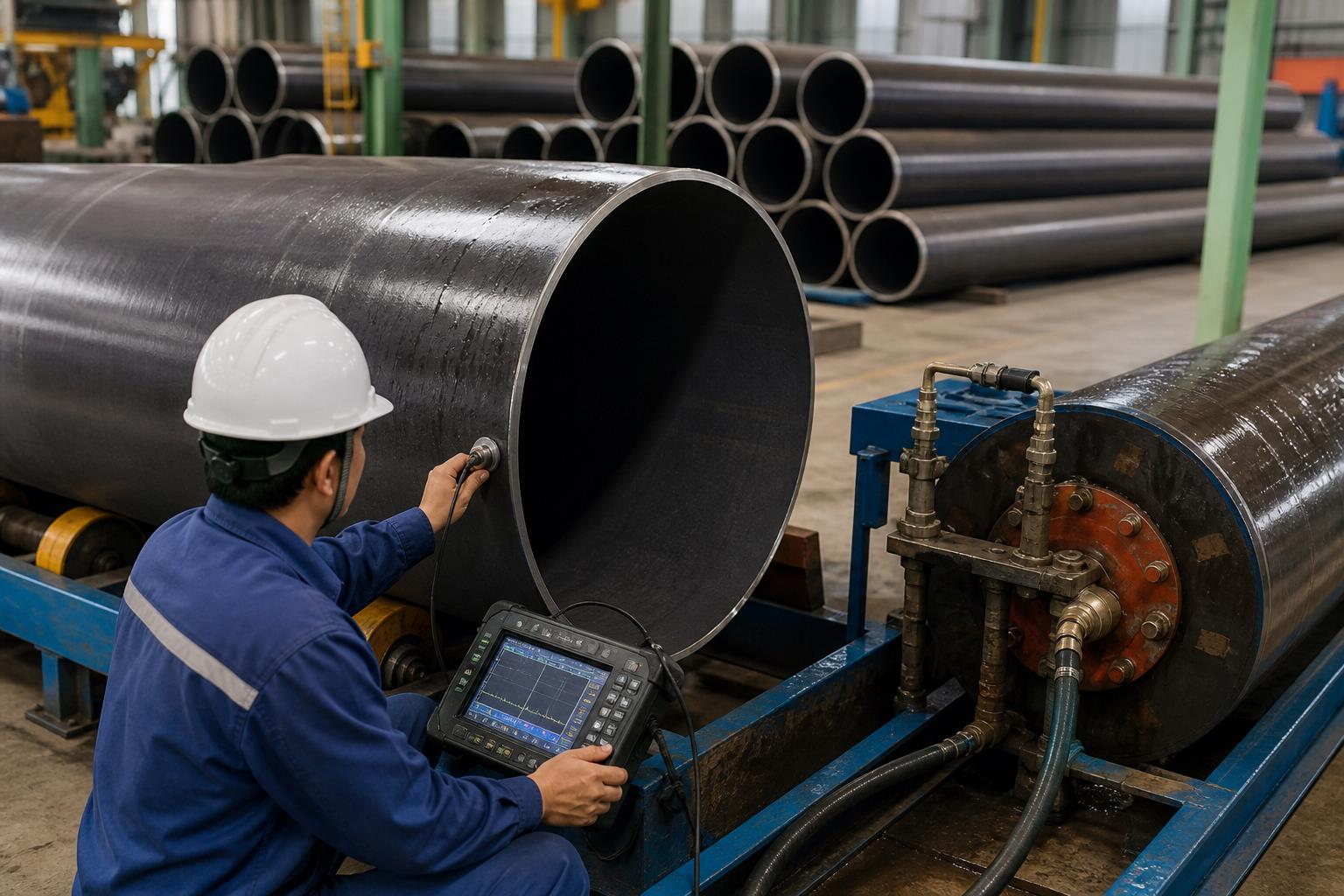 steel pipe quality inspection - mill inspectors checking pipe ends with ultrasonic testing