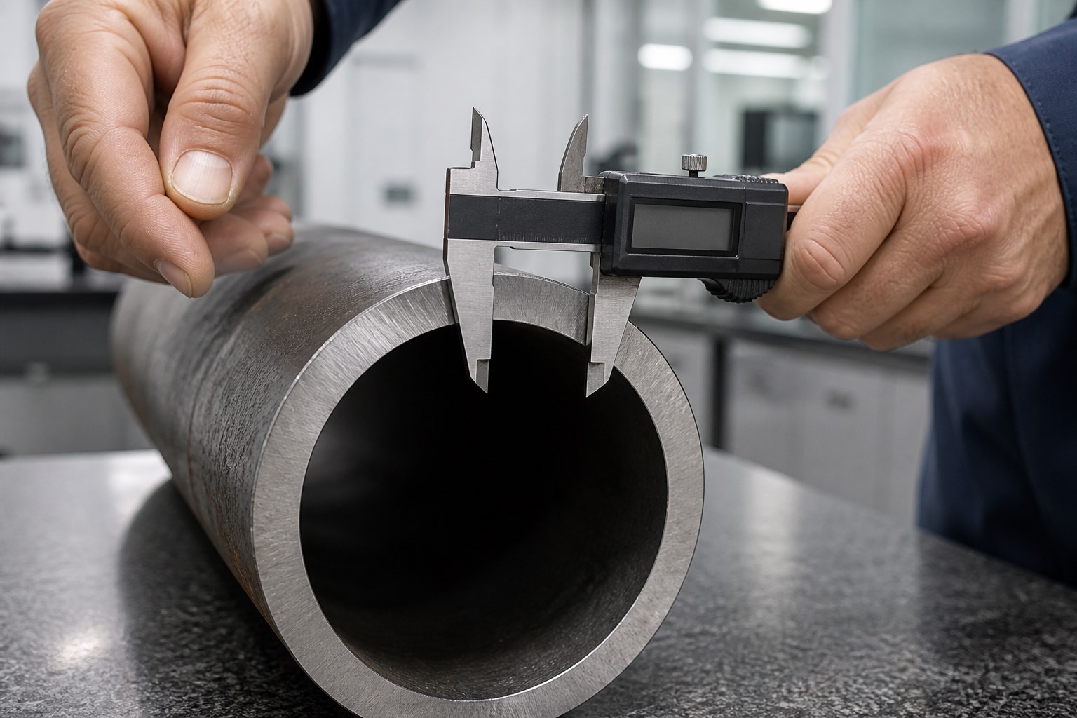 steel pipe schedule inspection - quality inspector measuring pipe wall thickness with a caliper