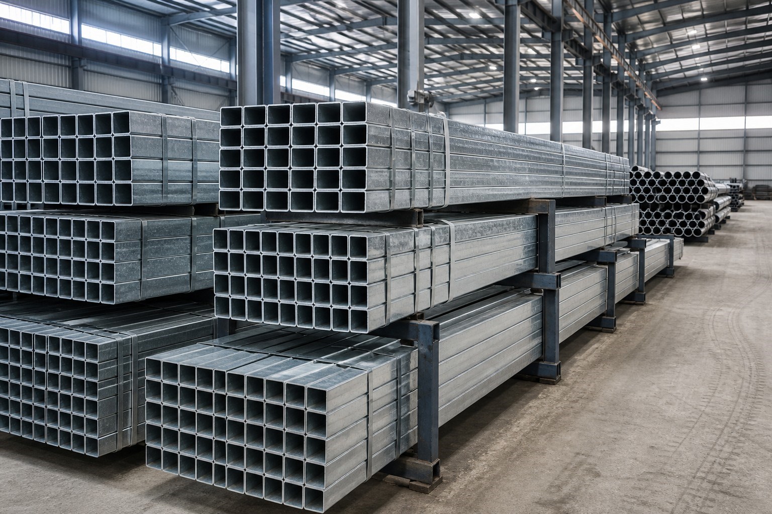 galvanized steel tube - bundles of galvanized square steel tubes stacked in a steel warehouse