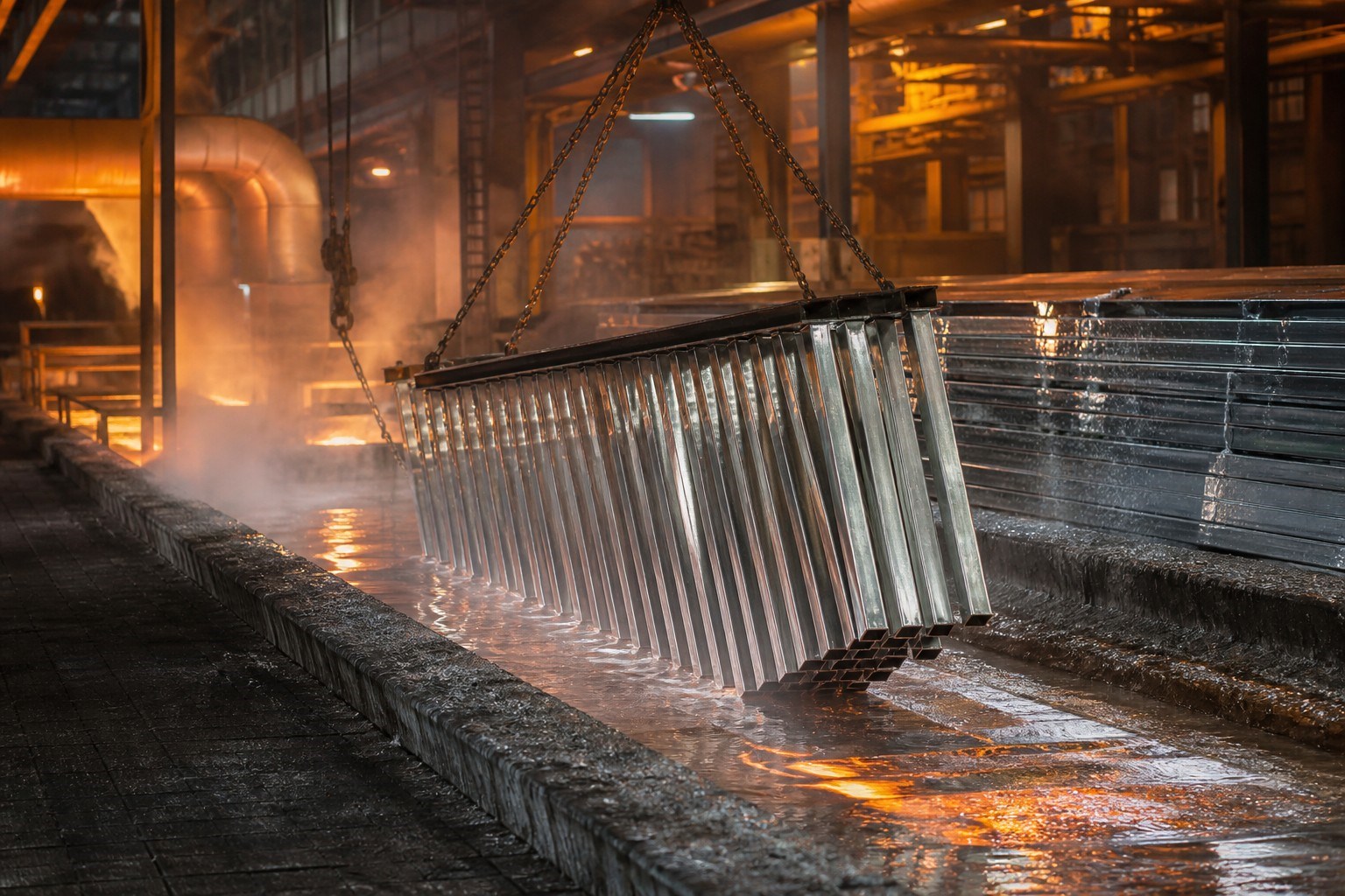 hot-dip galvanized steel tube - square steel tubes entering a molten zinc bath on the galvanizing line