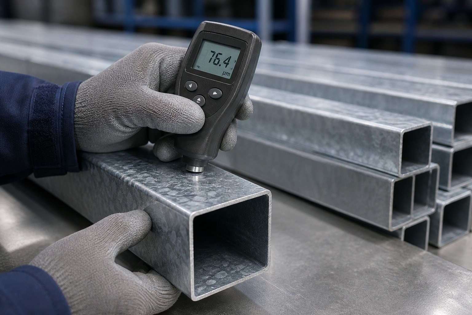 galvanized steel tube quality inspection - coating thickness gauge measuring zinc layer on a galvanized square tube
