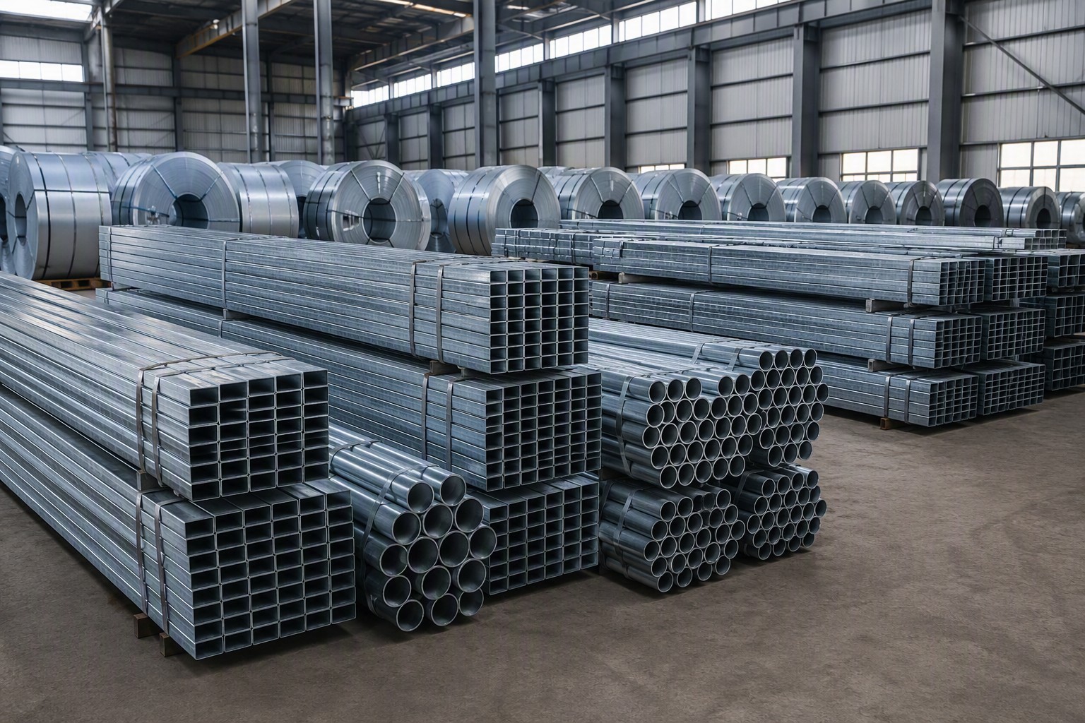 galvanized tube sizes - bundles of galvanized steel tubes and strip coils in a steel warehouse