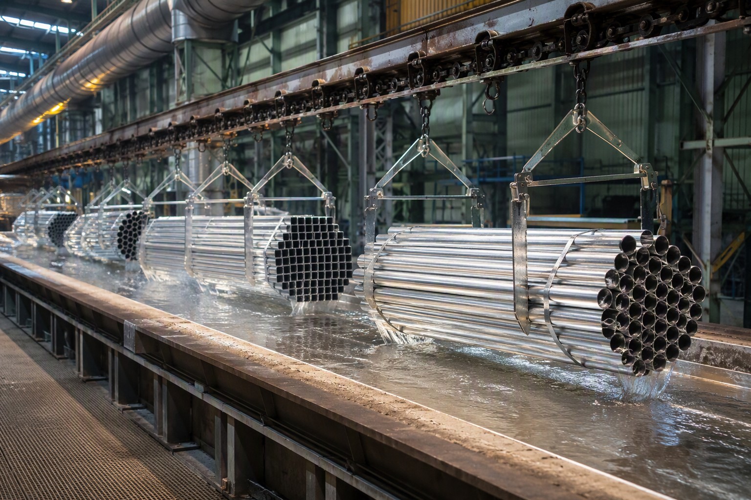 galvanized tube sizes - hot-dip galvanizing production line coating steel tubes in a zinc bath