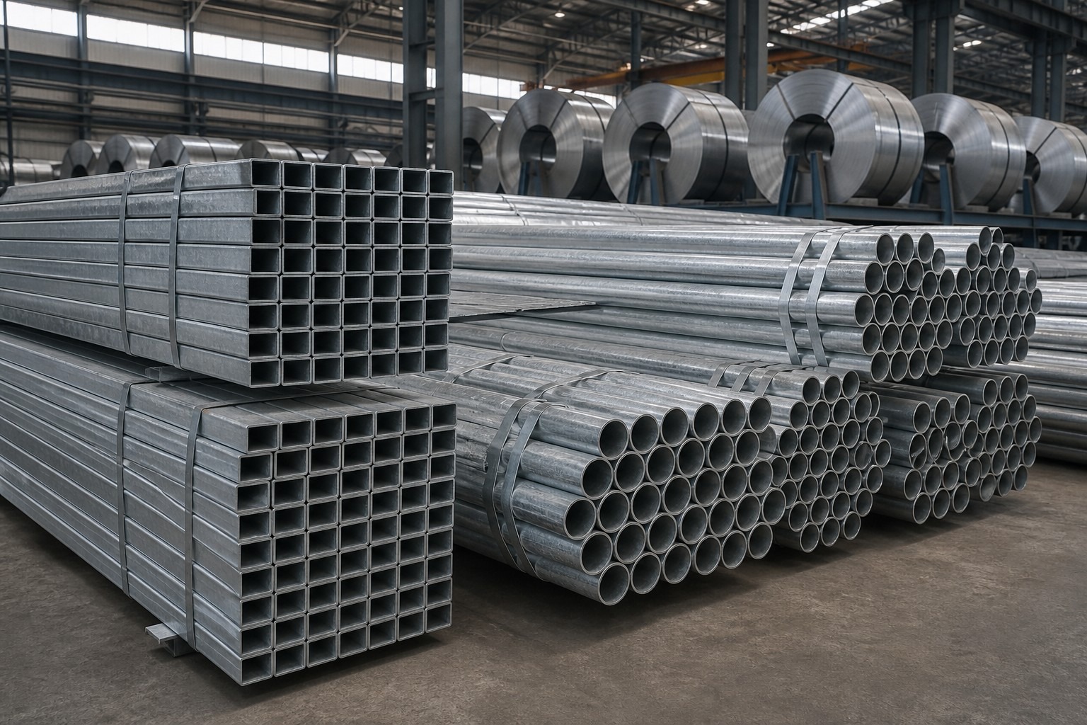 square vs round steel tube raw materials - galvanized steel tube bundles in a steel warehouse