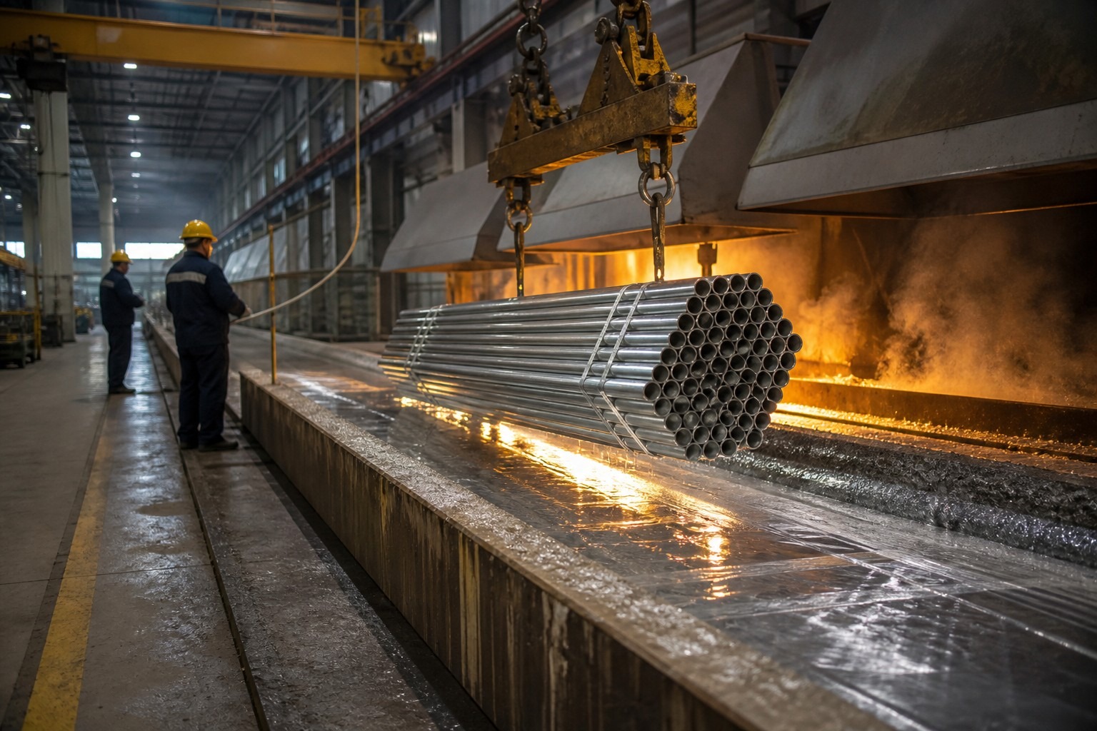 square vs round steel tube galvanizing production - steel tube bundles entering a hot dip galvanizing line