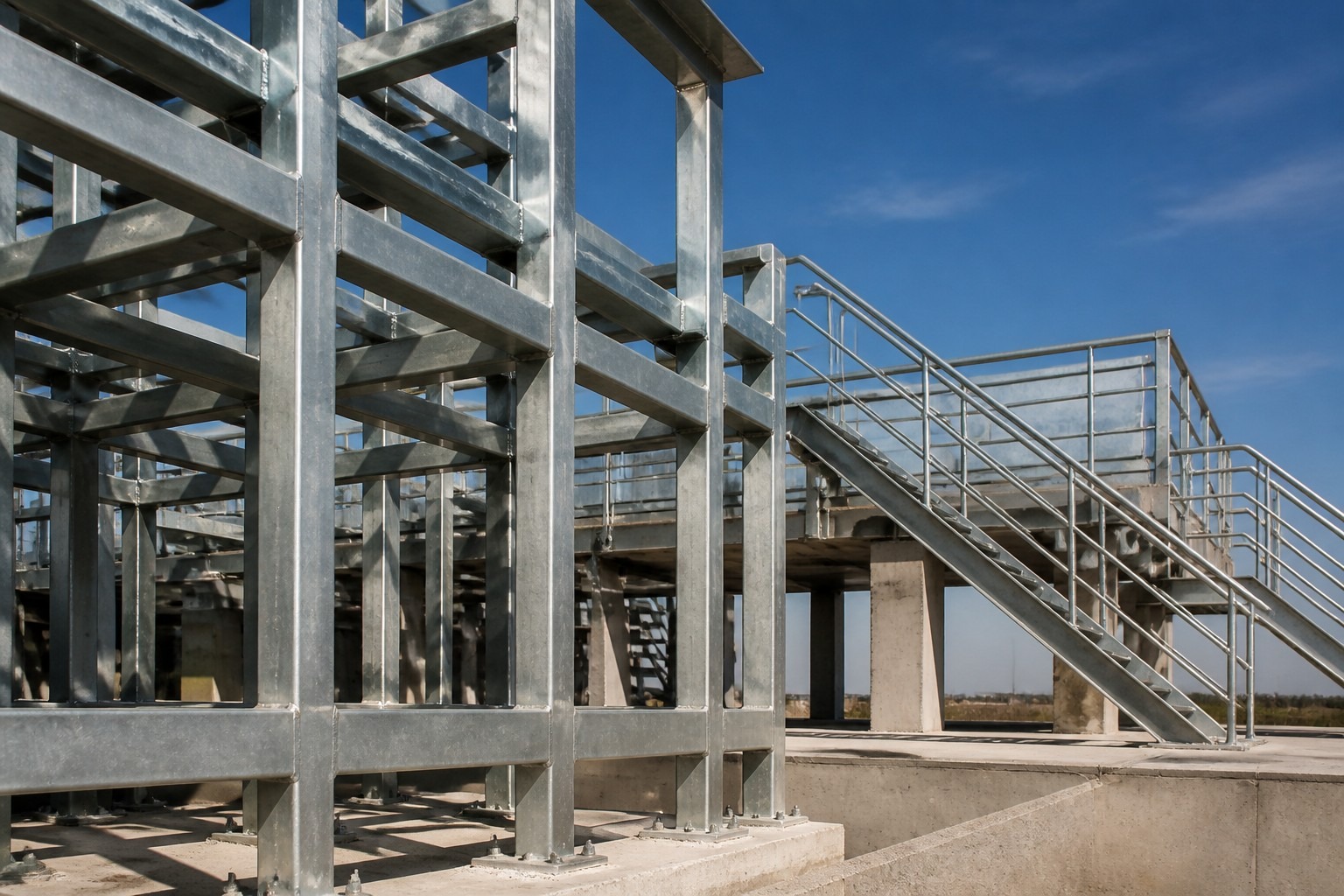 square vs round steel tube applications - square steel tube frame and round tube handrails in industrial construction