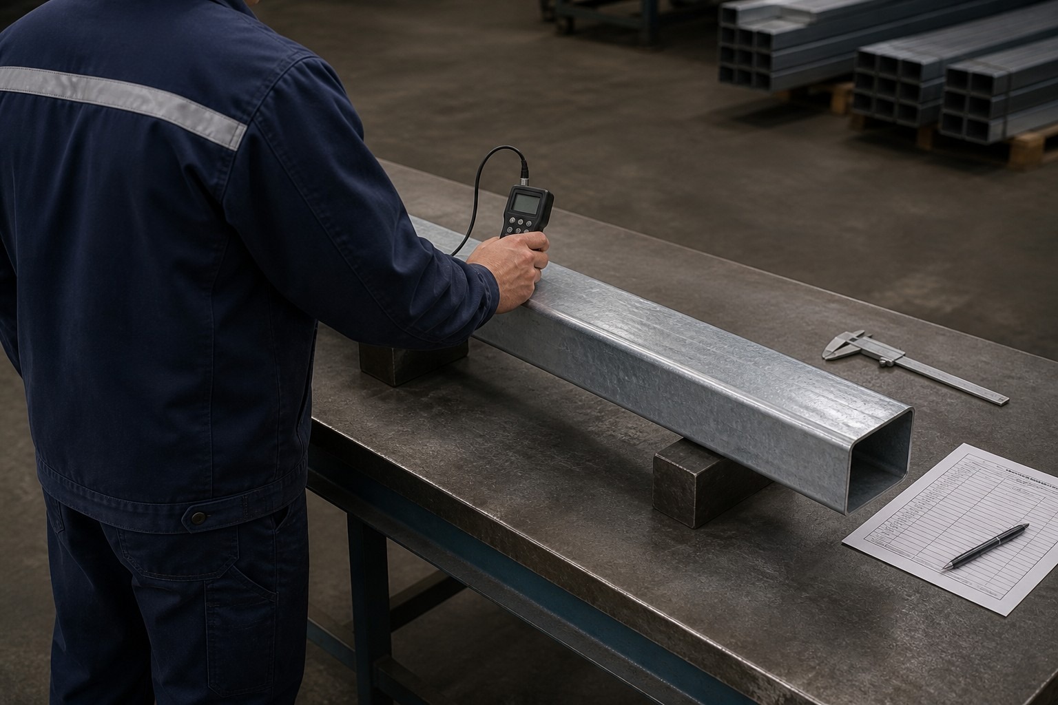square vs round steel tube quality inspection - QC engineer checking wall thickness and zinc coating on steel tube