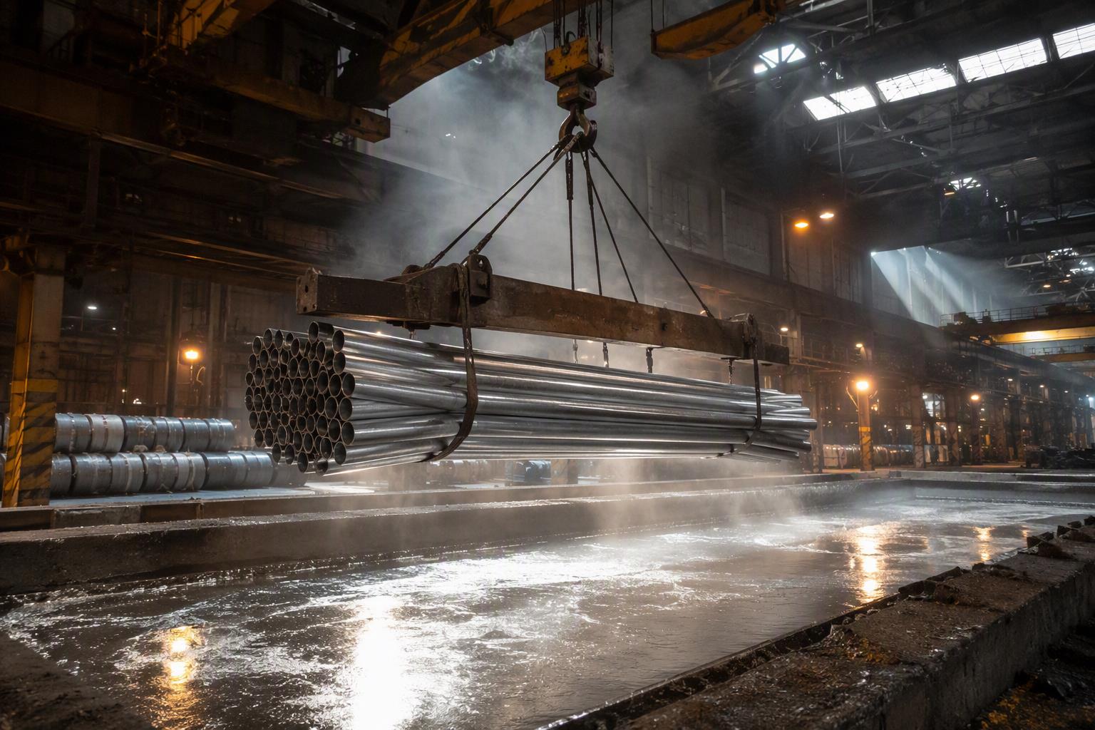 hot dipped galvanized tube - steel tube bundle lowered into a molten zinc bath during hot-dip galvanizing