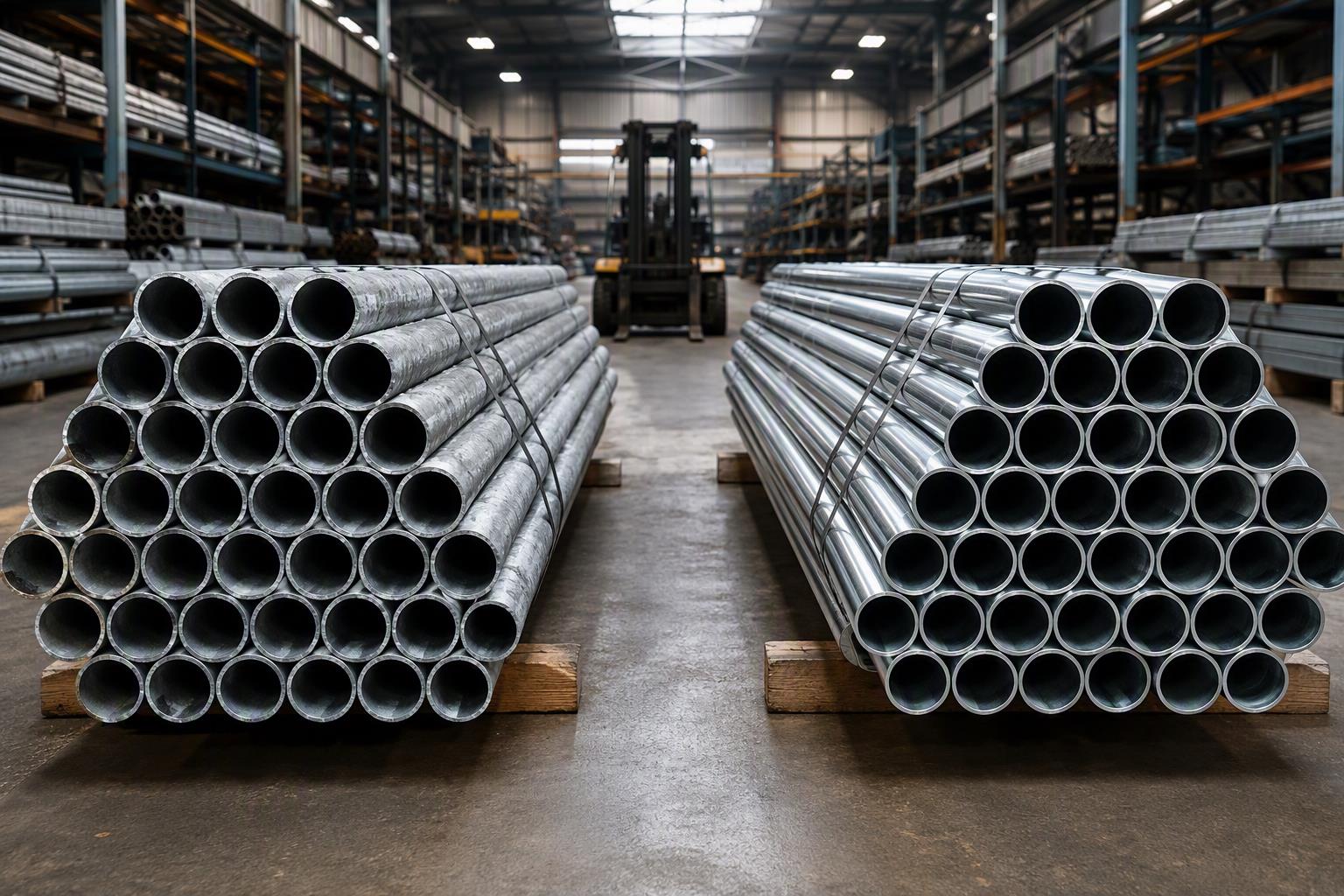 hot dipped galvanized tube vs electro-galvanized steel tube - spangled and bright smooth tube bundles side by side in a steel warehouse