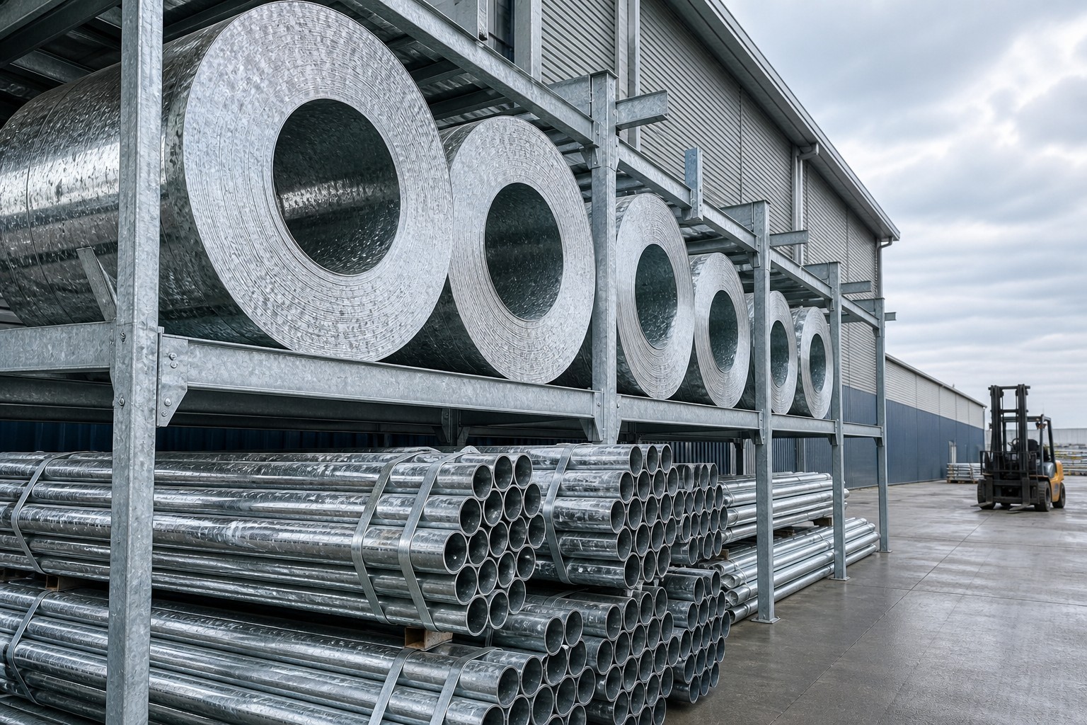 zinc coating weight choice - galvanized steel coils and tubes in outdoor storage yard