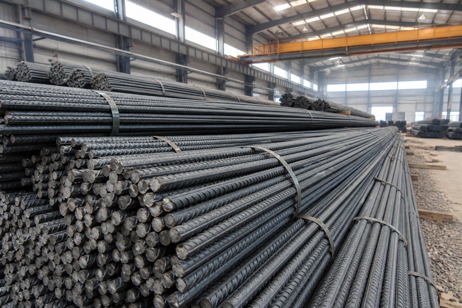 deformed steel bar rebar - bundles of ribbed deformed steel bars stacked in a steel warehouse