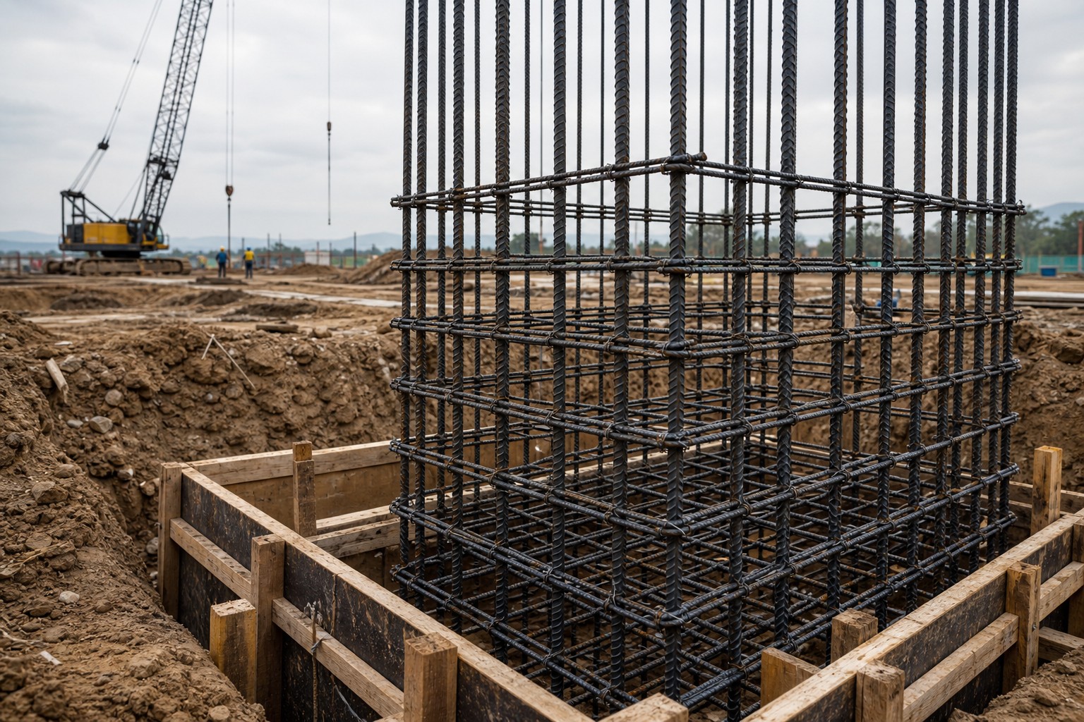 deformed steel bar rebar application - steel reinforcement cage tied on a construction site before concrete pouring