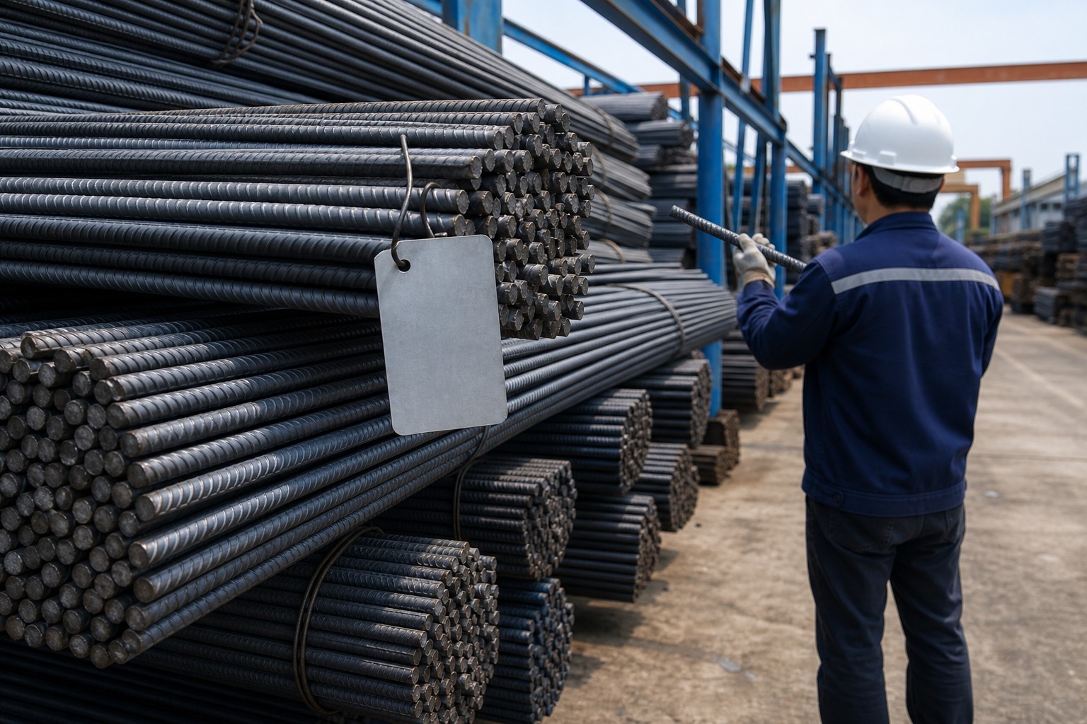 deformed steel bar rebar inspection - quality inspector checking ribbed deformed steel bar bundles with test certificate
