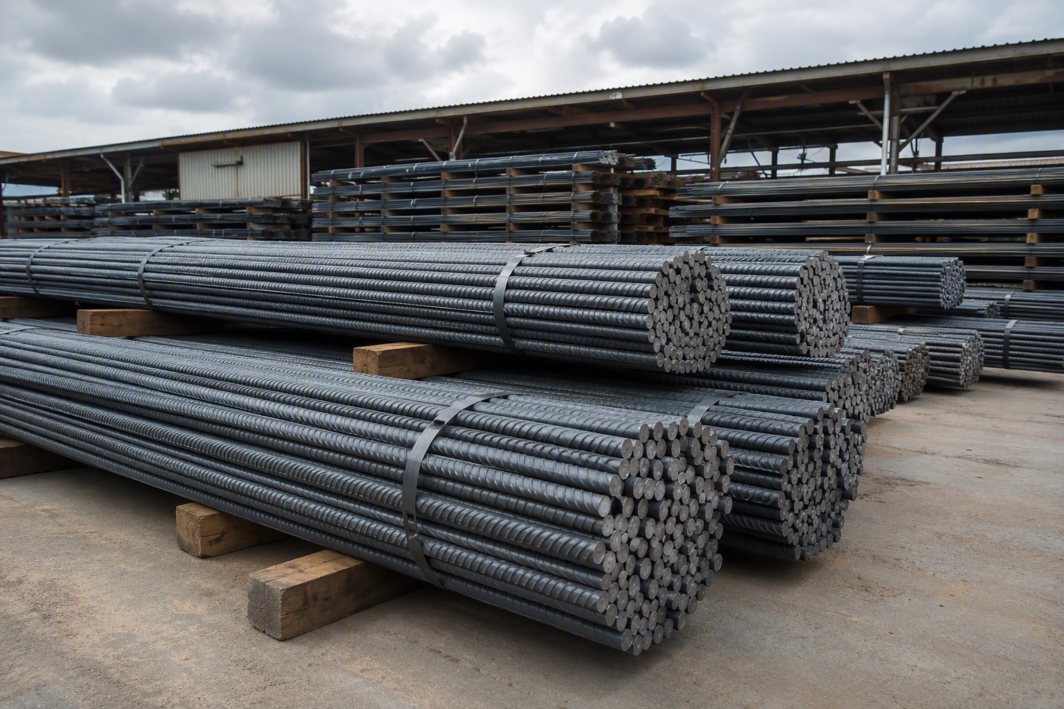 rebar bending cutting - bundles of ribbed deformed steel bars in a steel stockyard ready for cutting and bending
