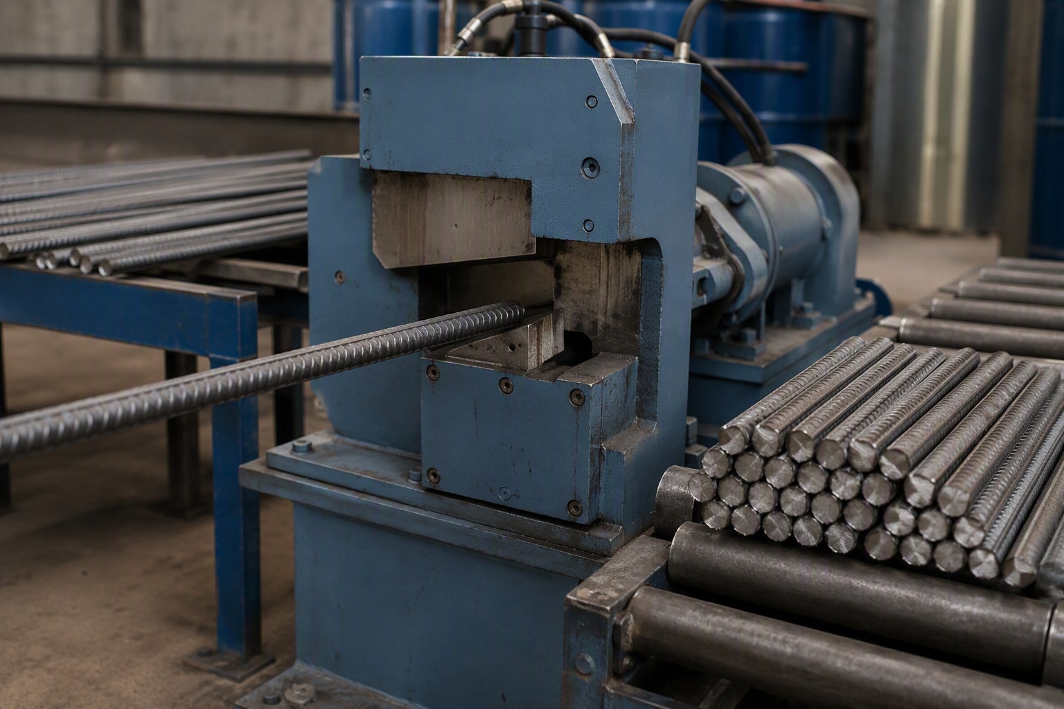 rebar cutting - industrial shear cutting deformed steel bars to ordered lengths in a fabricating shop