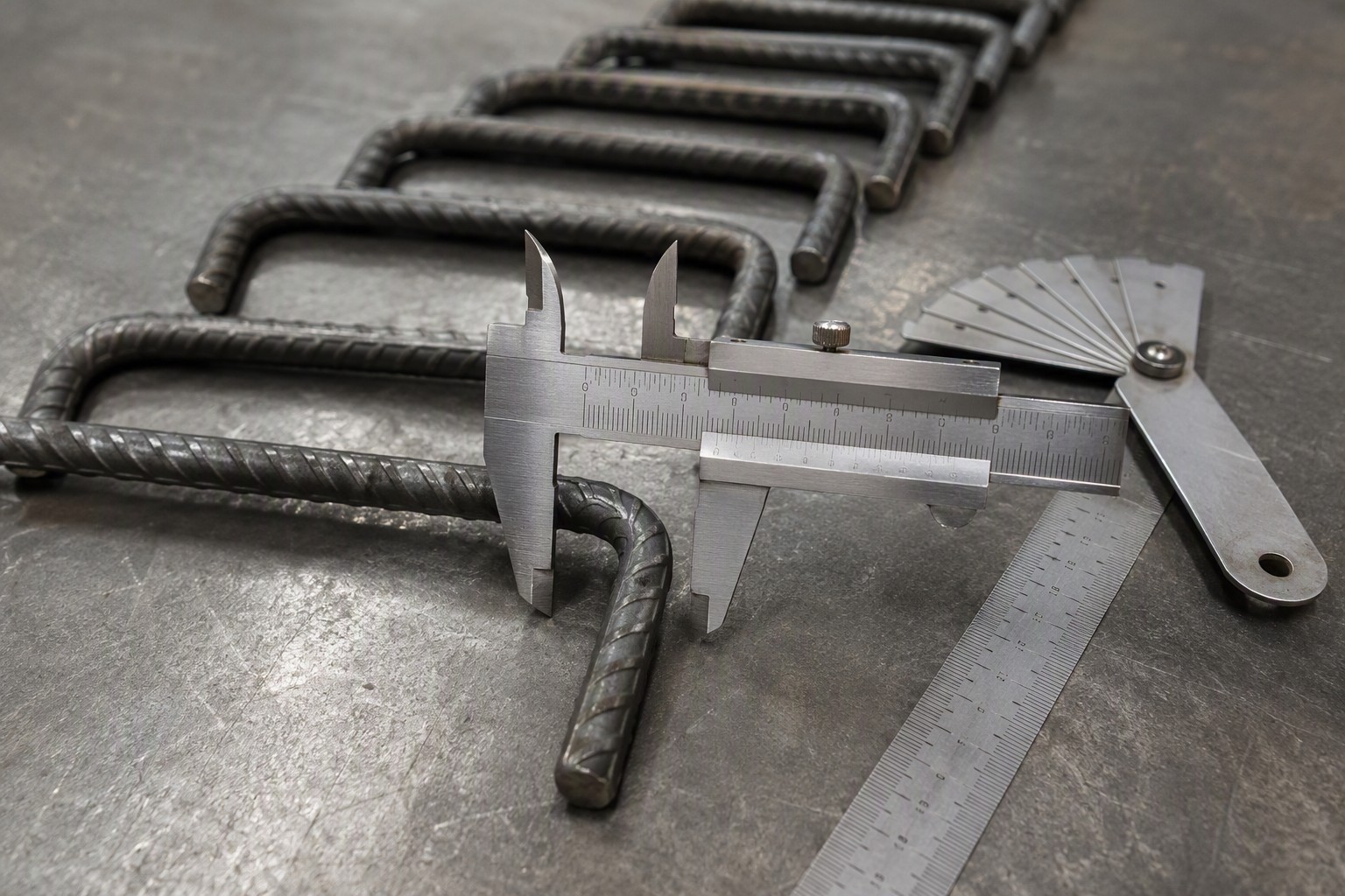 rebar bending and cutting quality control - inspector measuring bent stirrup dimensions with a vernier caliper in a workshop