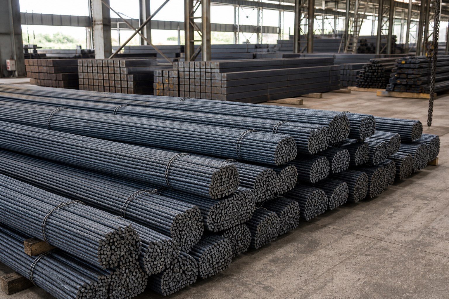 rebar grades HRB400 deformed steel bar bundles in steel warehouse - raw materials for ribbed concrete bars
