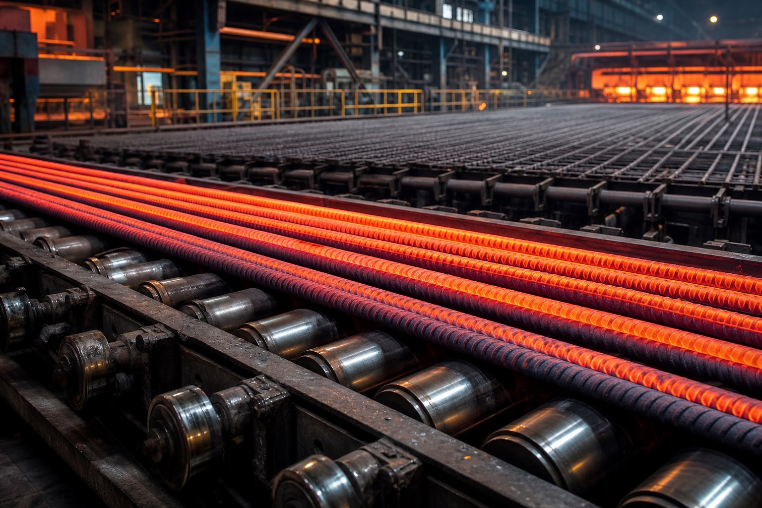 rebar grades hot rolling production - HRB400 and HRB500 ribbed bars running on the mill cooling bed