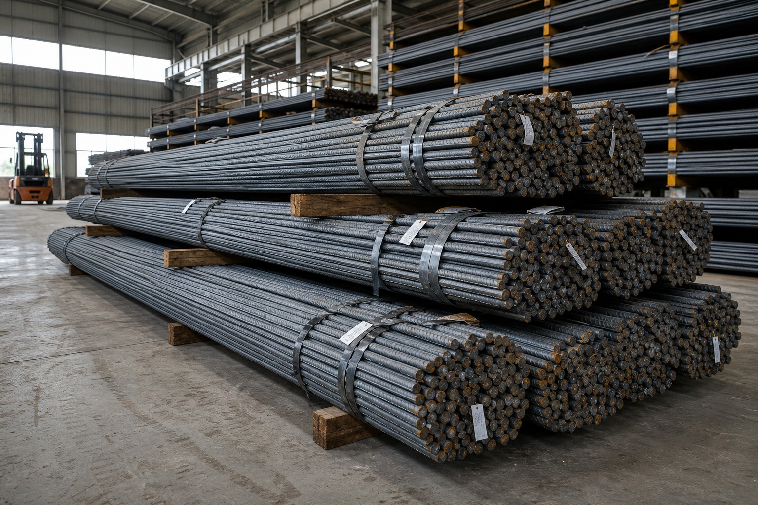 rebar size chart - ribbed deformed steel rebar bundles in multiple diameters stacked in a steel warehouse