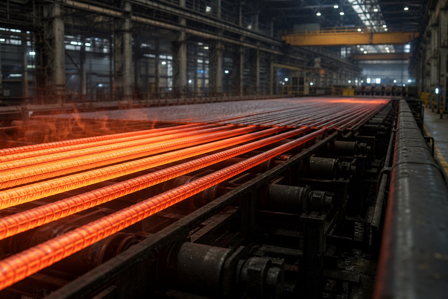 rebar weight per metre - glowing ribbed rebar bars moving on the cooling bed of a hot rolling mill