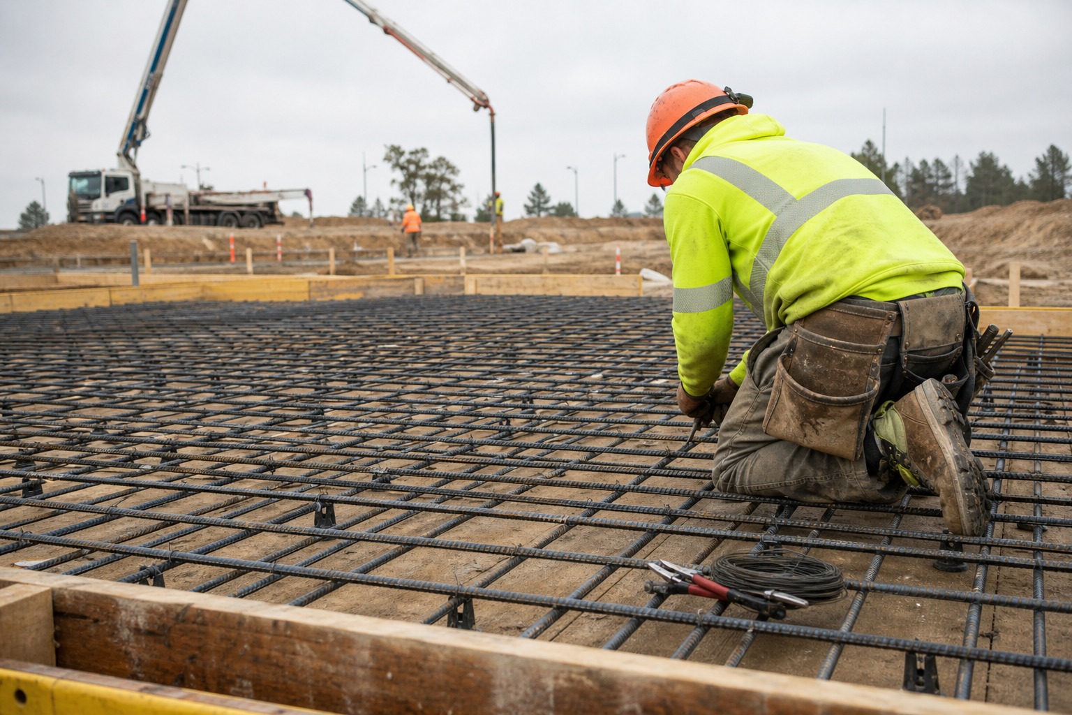 rebar diameter selection - worker tying a deformed steel rebar grid on a construction site before the concrete pour