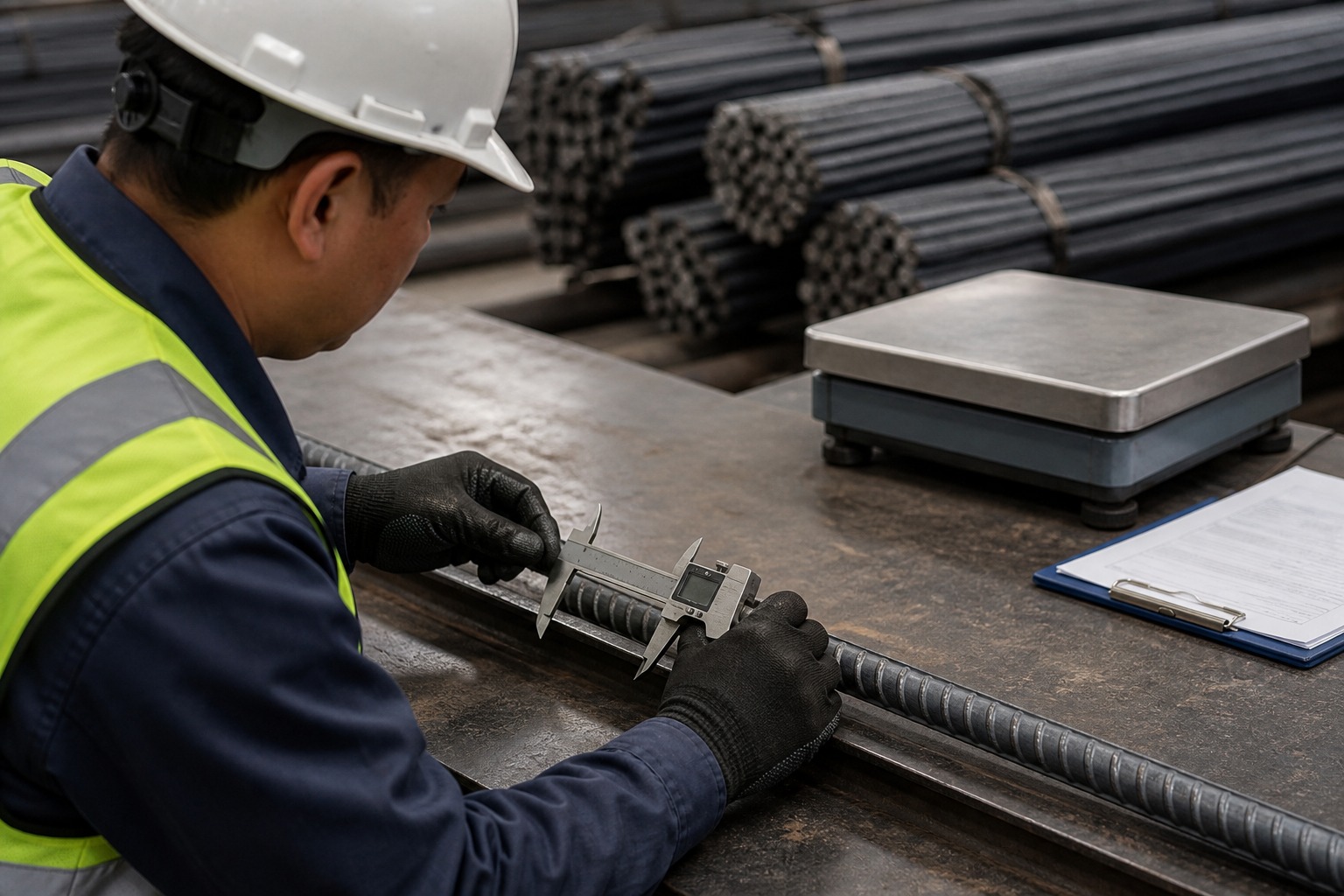 rebar size verification - quality inspector measuring deformed steel rebar diameter with a digital caliper