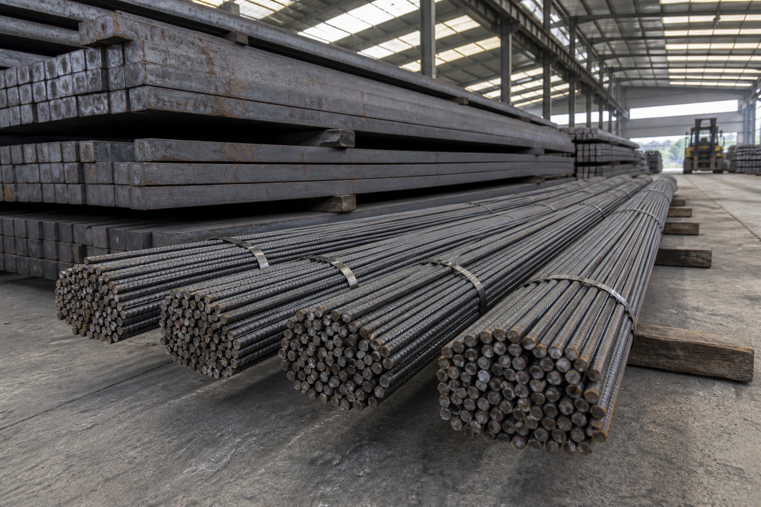 rebar standards comparison - steel billets and bundled ribbed rebar stored in a steel warehouse