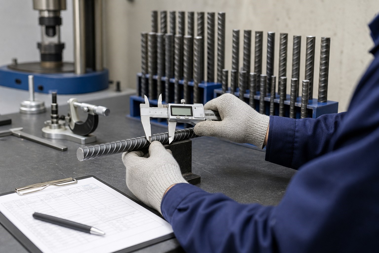 rebar standards quality testing - inspector measuring deformed bar rib geometry with a digital caliper