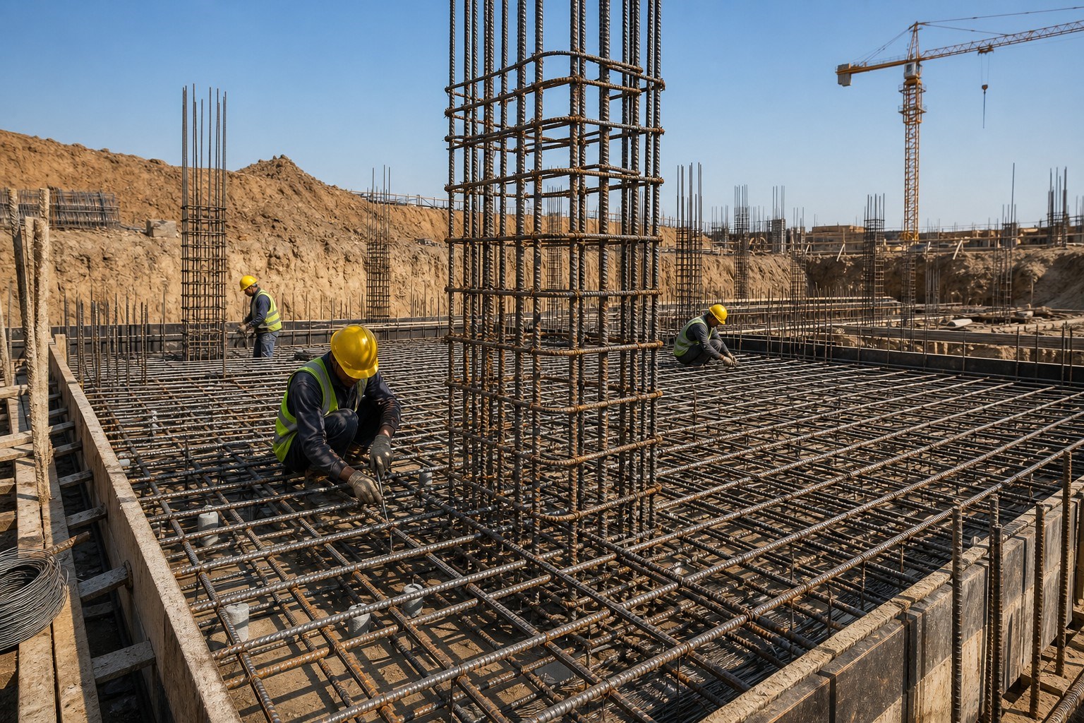 rebar standards application - workers tying deformed rebar cage for a concrete foundation