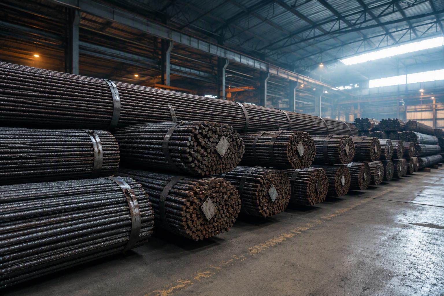 deformed steel bar - bundles of ribbed rebar stacked in a steel warehouse, tagged and ready for weighing and dispatch