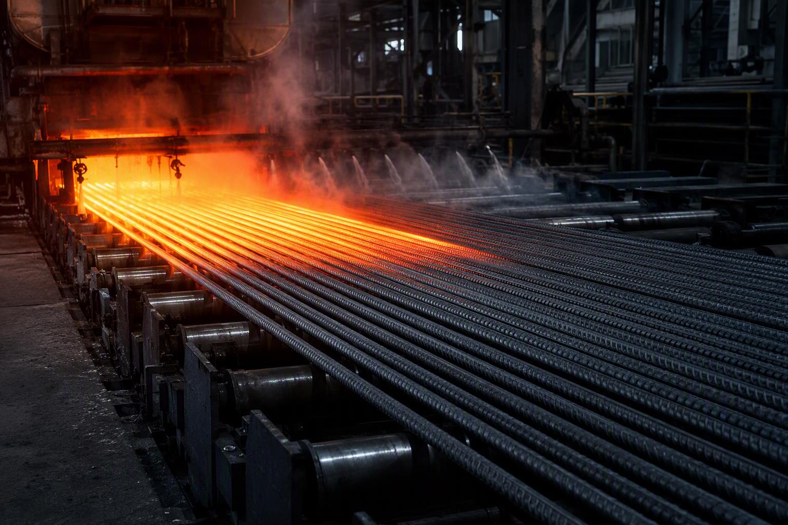 rebar weight per meter - hot rolling production line of ribbed deformed steel bar running on the mill cooling bed