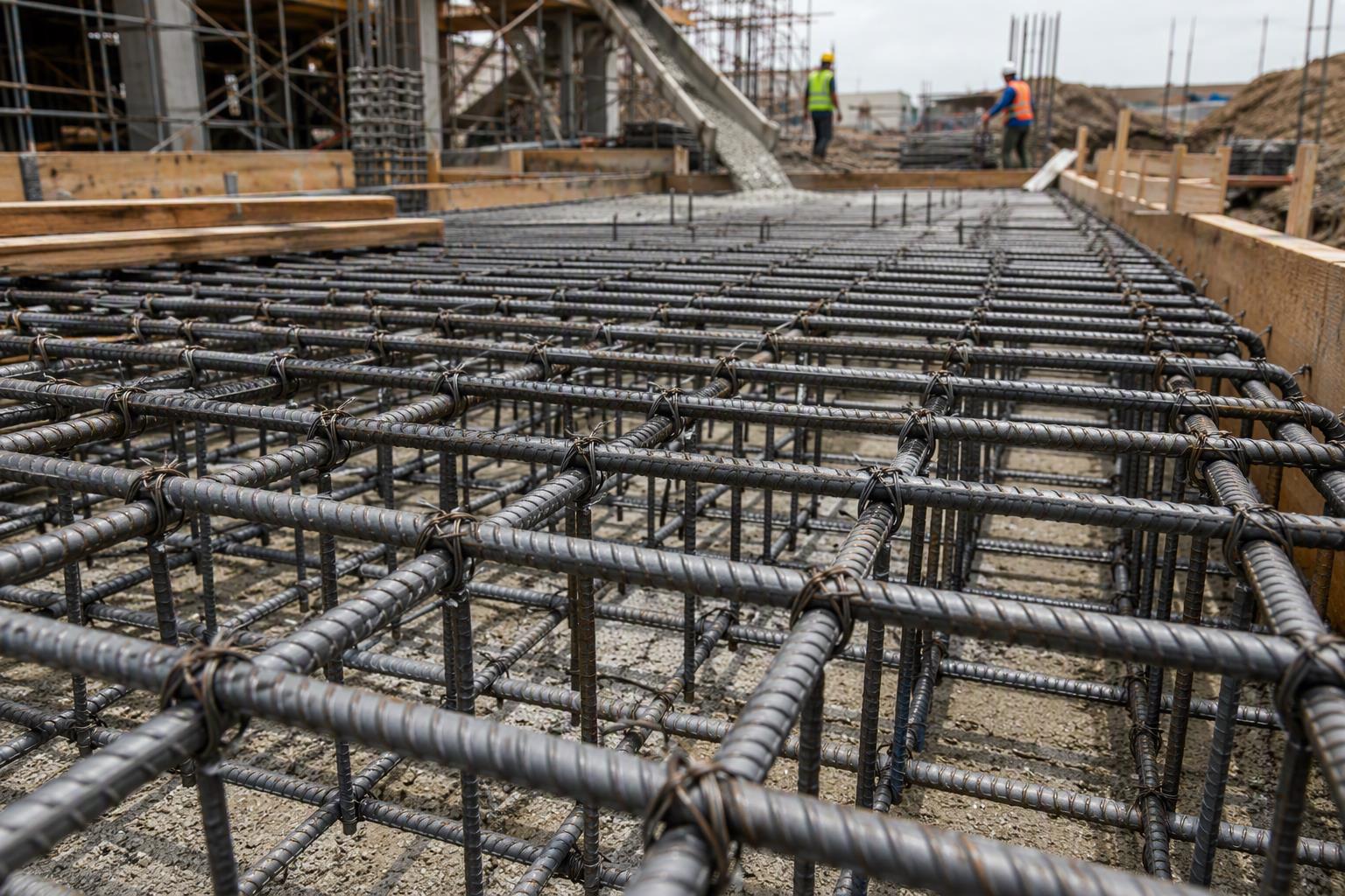deformed steel bar - ribbed rebar reinforcement cage on a construction site before the concrete pour