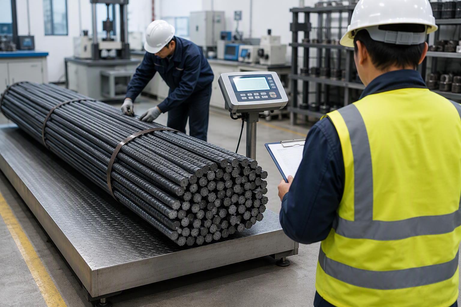 rebar bundle weighing - deformed steel bar quality inspection on a scale at the steel mill laboratory