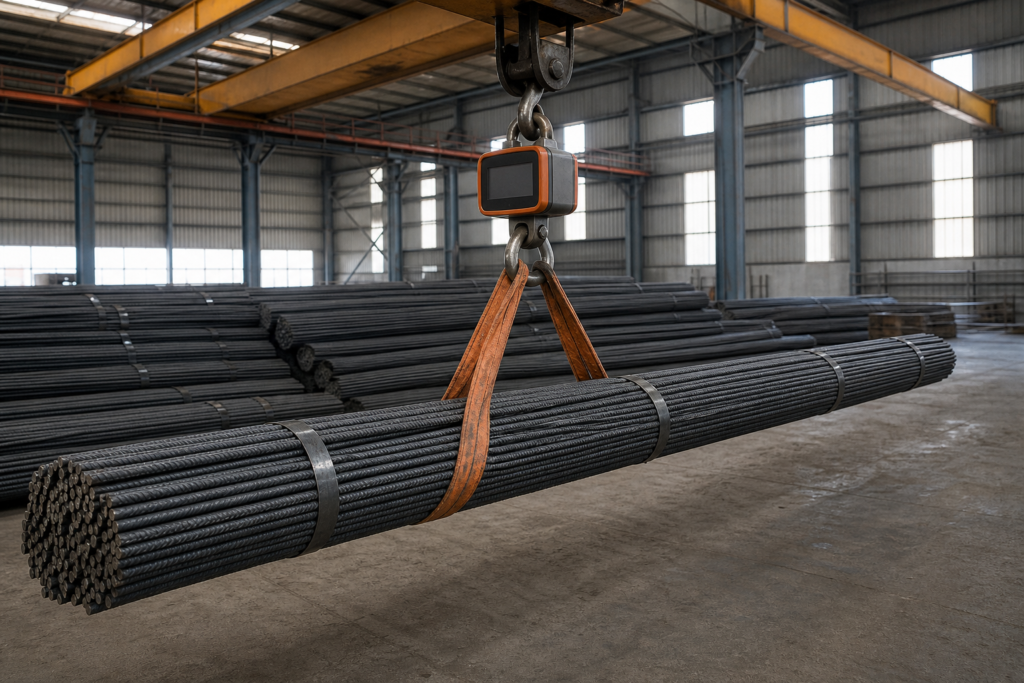 Rebar bundle weighed on crane scale before delivery