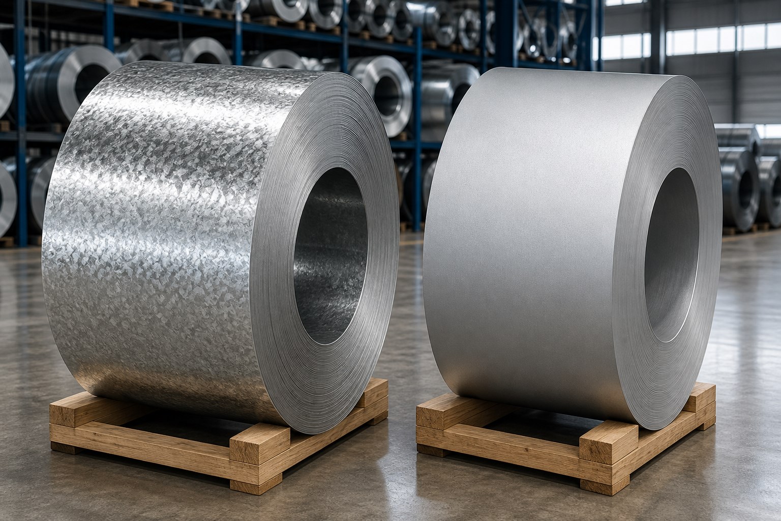 ppgi vs ppgl - galvanized and galvalume steel coils side by side in a steel warehouse