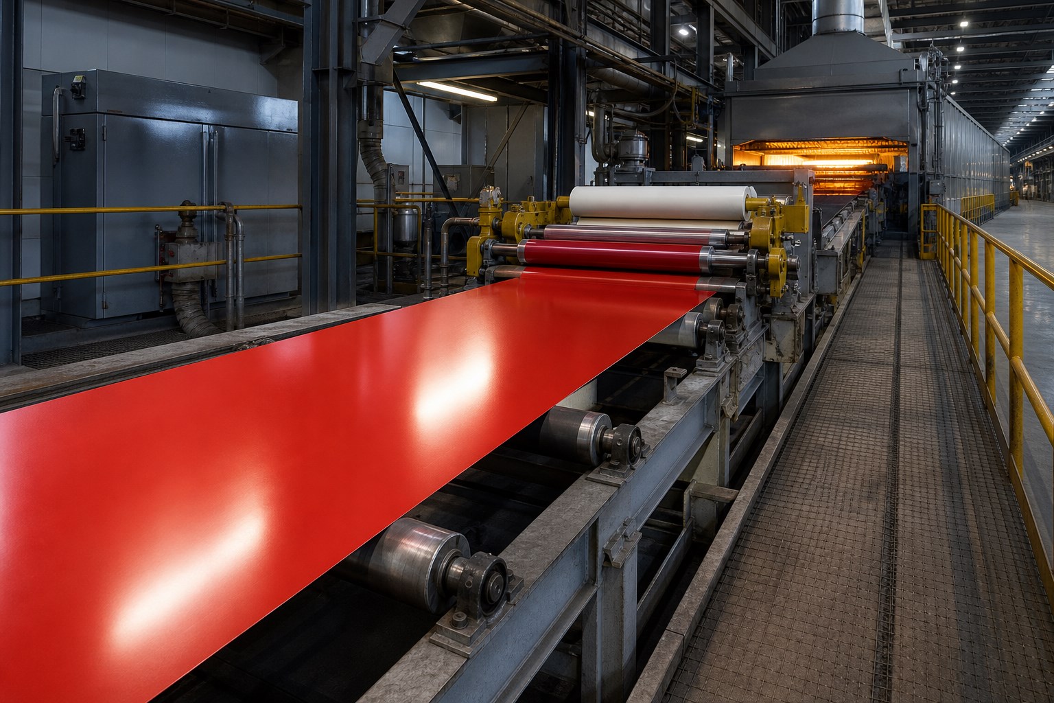 ppgi vs ppgl production - color coated steel strip running through a coil coating line