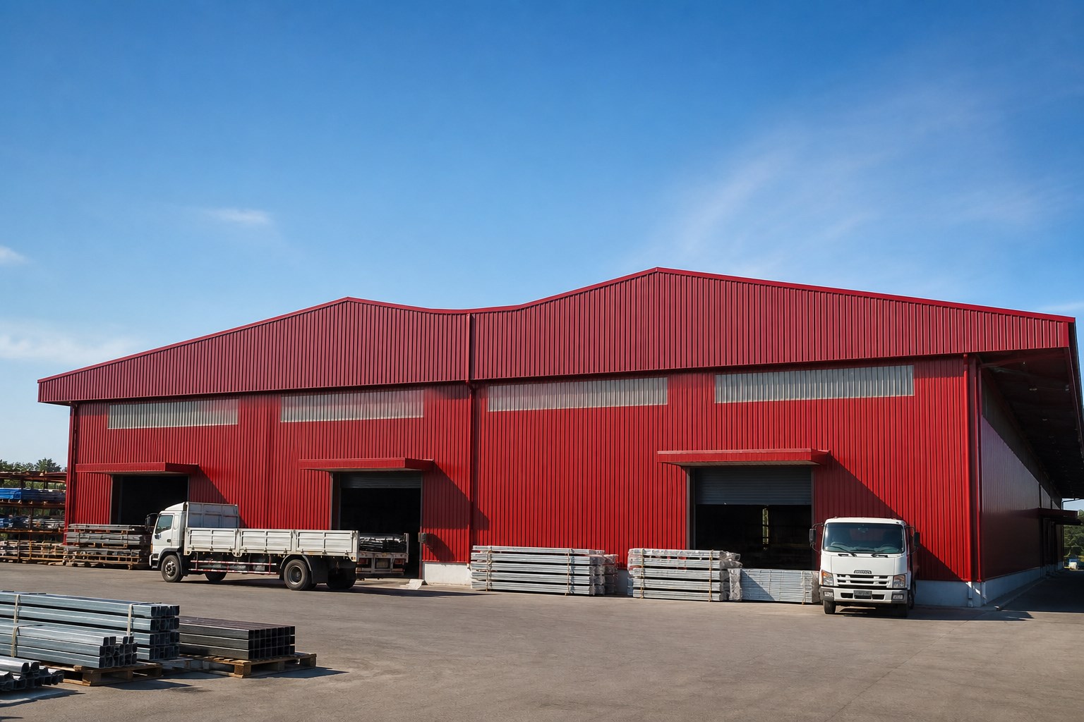 ppgi vs ppgl application - red color coated steel roofing and cladding on an industrial building