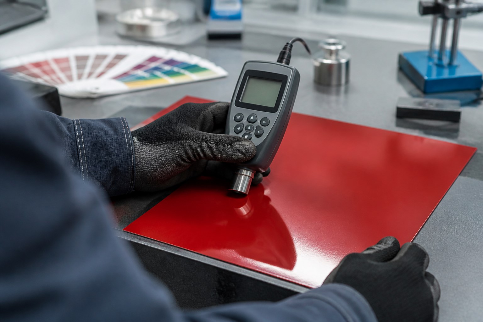 ppgi vs ppgl quality check - coating thickness gauge measuring a prepainted steel sample