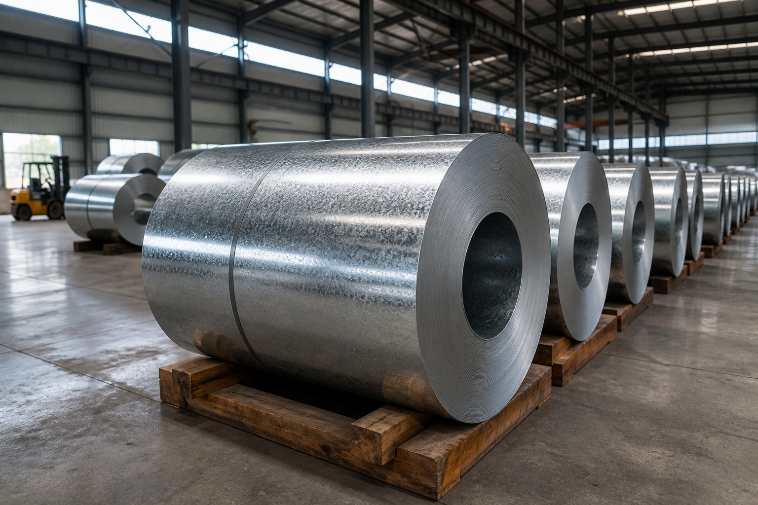 prepainted steel coil - zinc coated substrate coil stock awaiting color coating in a steel warehouse