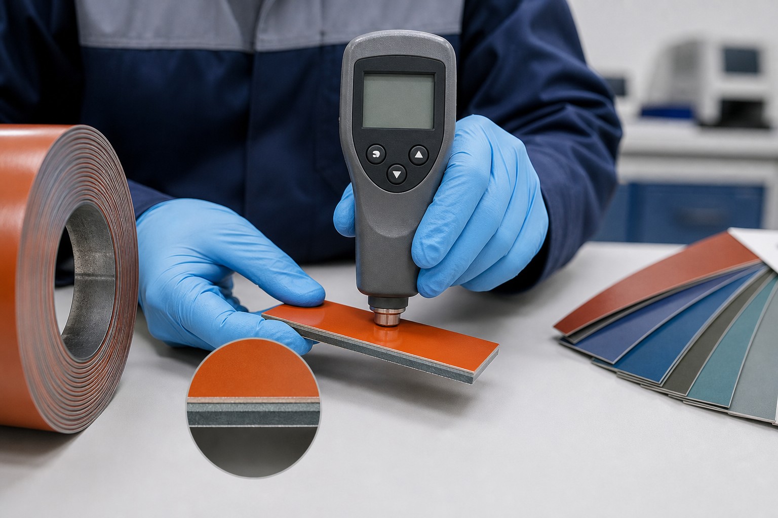 prepainted steel coil quality check - inspector measuring coating thickness on a color coated sheet sample