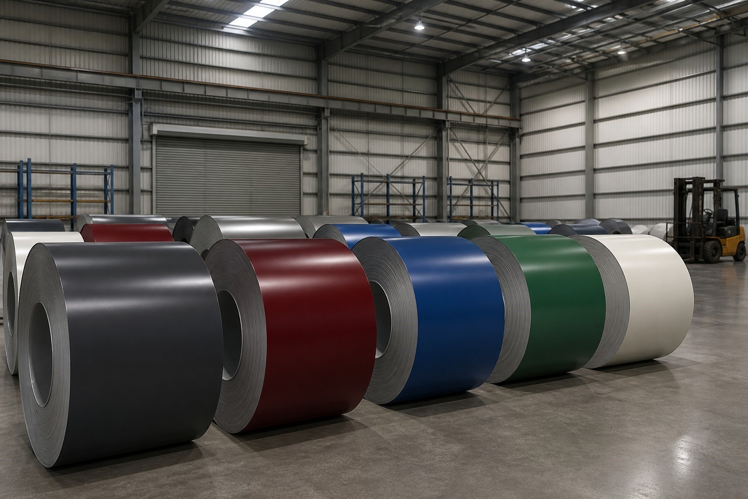 ral color coated steel coils - rows of color coated steel coils in different RAL shades stored in a steel warehouse