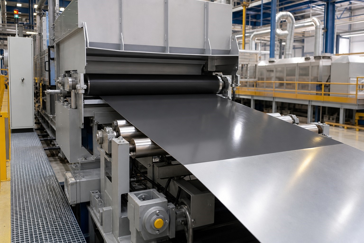 ral color coated steel production - roller coating machine applying a uniform shade to steel strip on a coil coating line